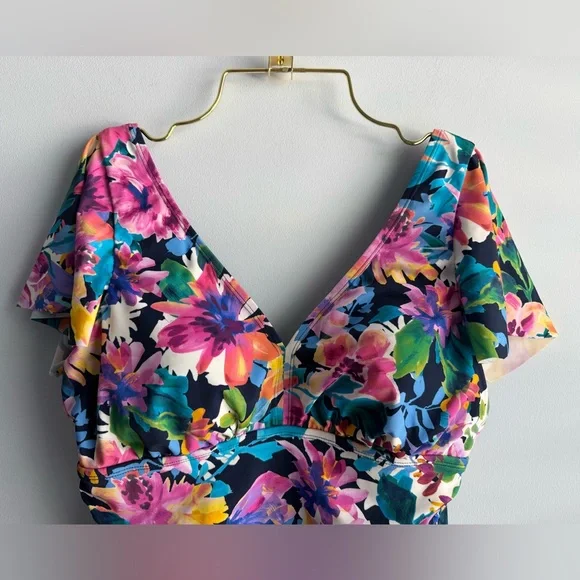 Swim Solutions Women's Garden Dreams Flutter-Sleeve One-Piece Swimsuit Size 14
